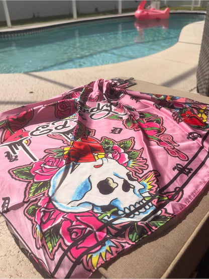 NWT Ed Hardy Pink Skull Roses Satin Scarf Tattoo Print Square Large
