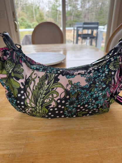 Oilily Pink and Black Floral Polka Dot Crossbody Bag with Adjustable Strap