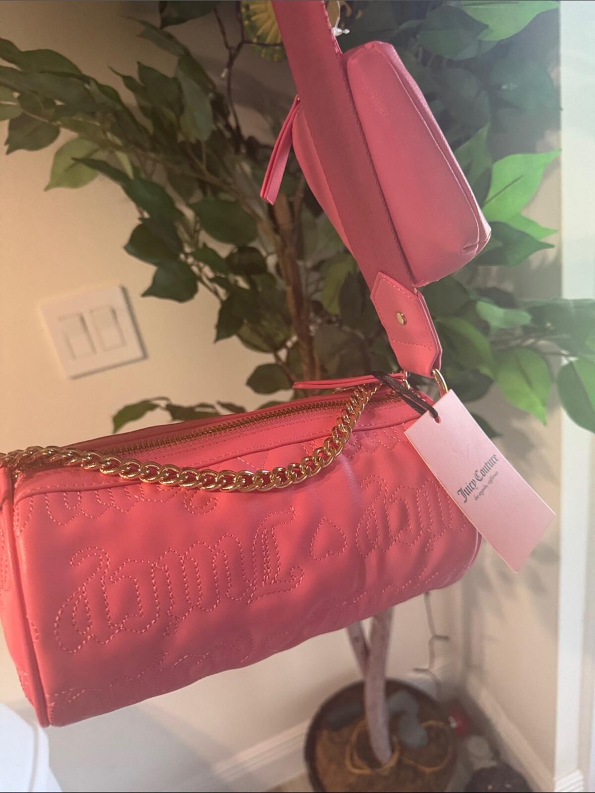 Juicy Couture Pink Quilted Barrel Crossbody Bag with Gold Chain Accent