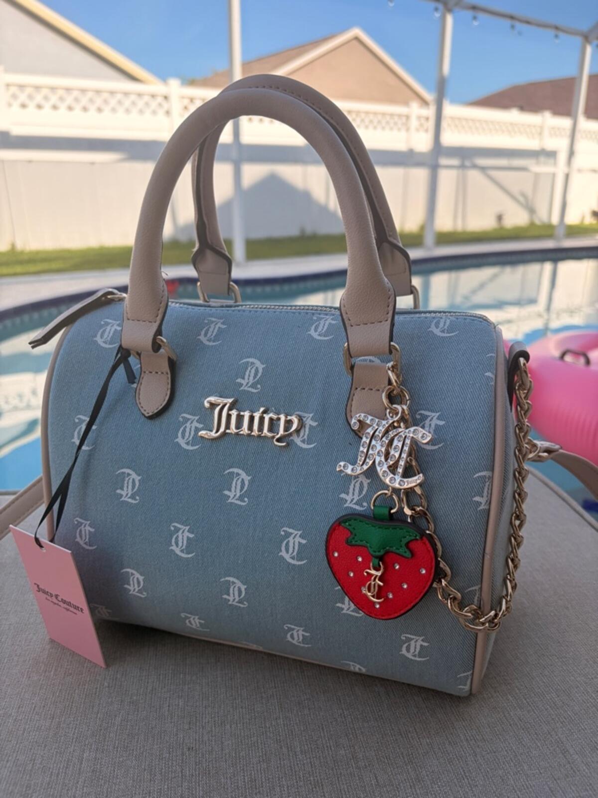 Juicy Couture Blue Monogram Satchel Handbag with Strawberry Charm