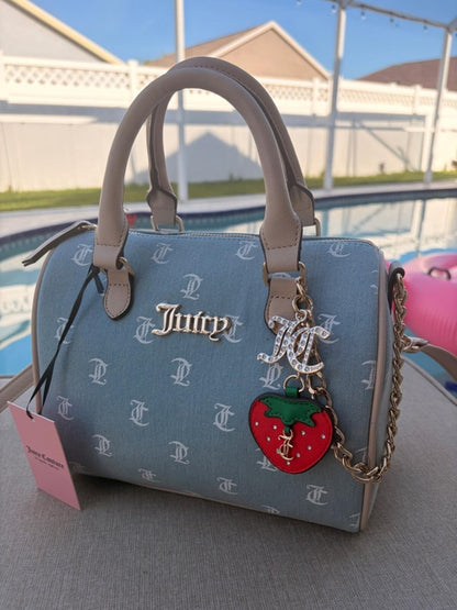 Juicy Couture Blue Monogram Satchel Handbag with Strawberry Charm
