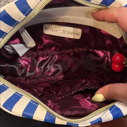 Betsey Johnson Striped Navy & White Crossbody Bag with Red Bow Accent purse