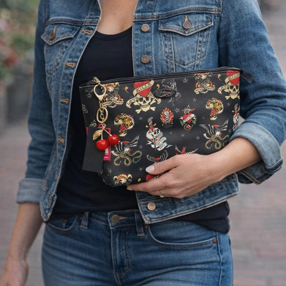 Ed Hardy Tattoo Print Cosmetic Zip Pouch Cherry Charm NWT