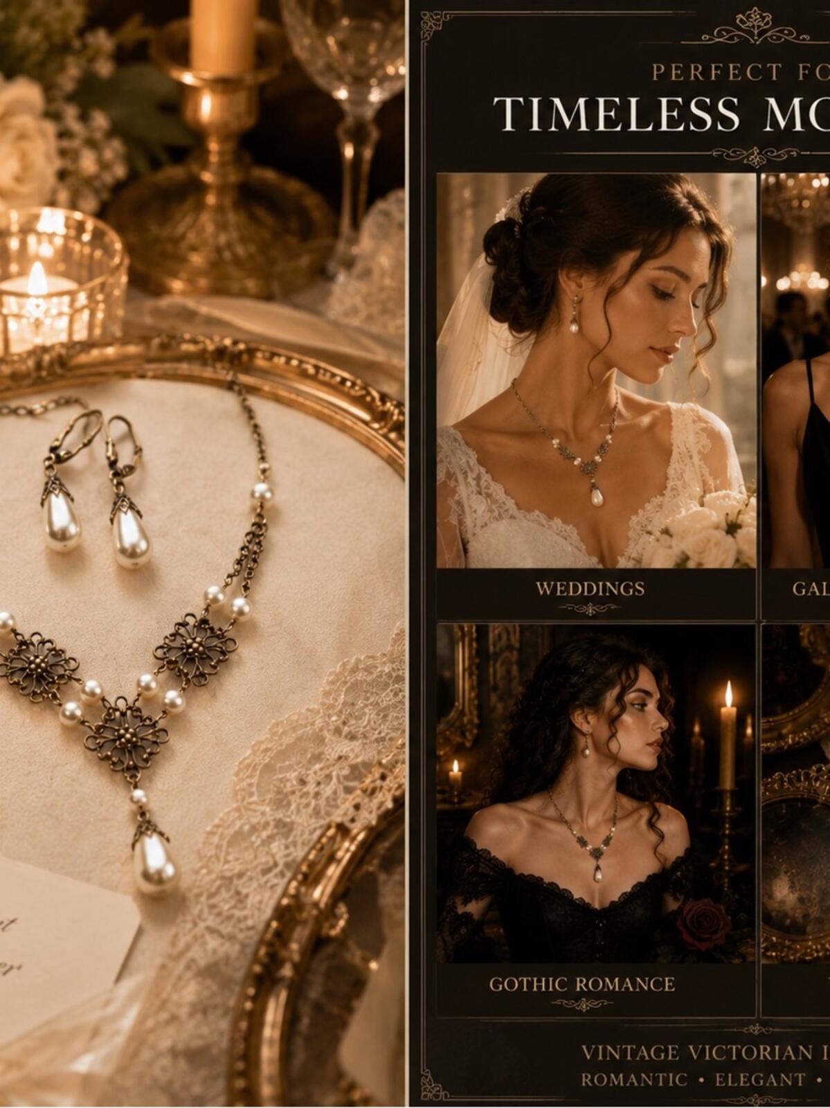Vintage Victorian Pearl Necklace & Earrings Set • Antique Bronze Filigree