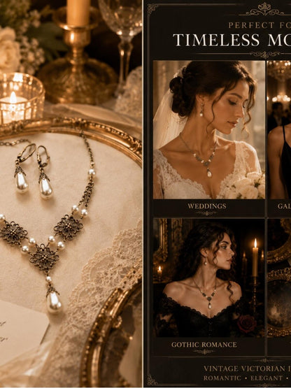 Vintage Victorian Pearl Necklace & Earrings Set • Antique Bronze Filigree