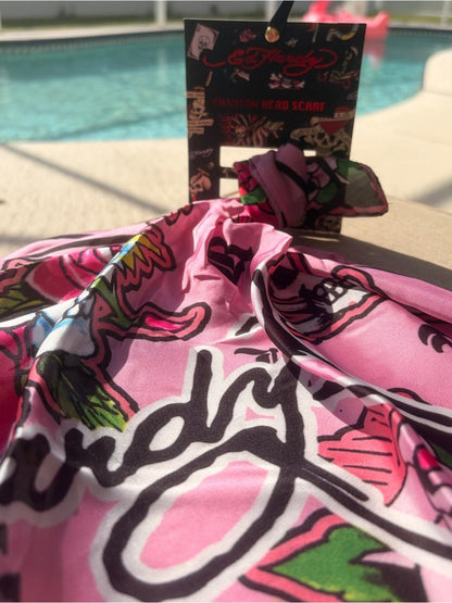 NWT Ed Hardy Pink Skull Roses Satin Scarf Tattoo Print Square Large