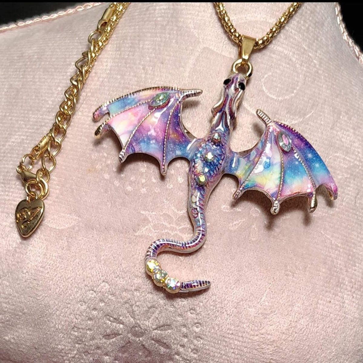Betsey Johnson Multi Color Dragon Pendant Necklace Gold Tone
