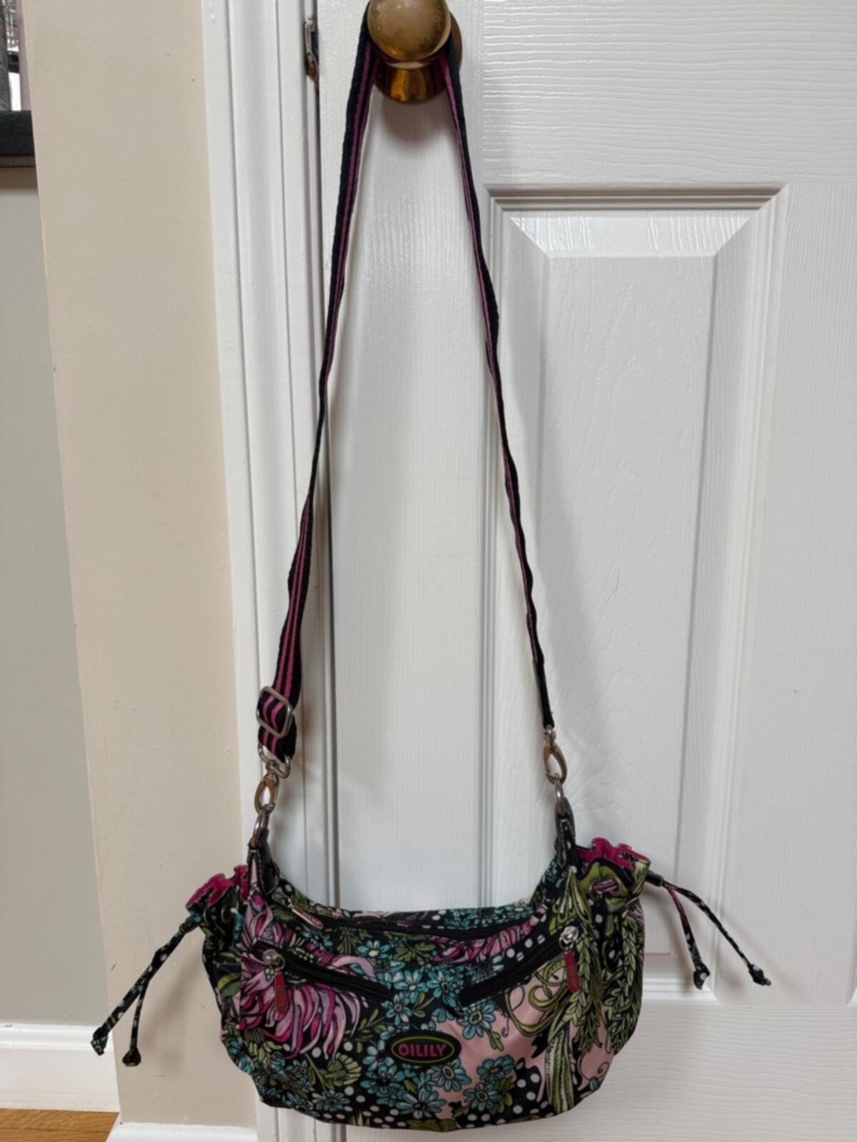 Oilily Pink and Black Floral Polka Dot Crossbody Bag with Adjustable Strap