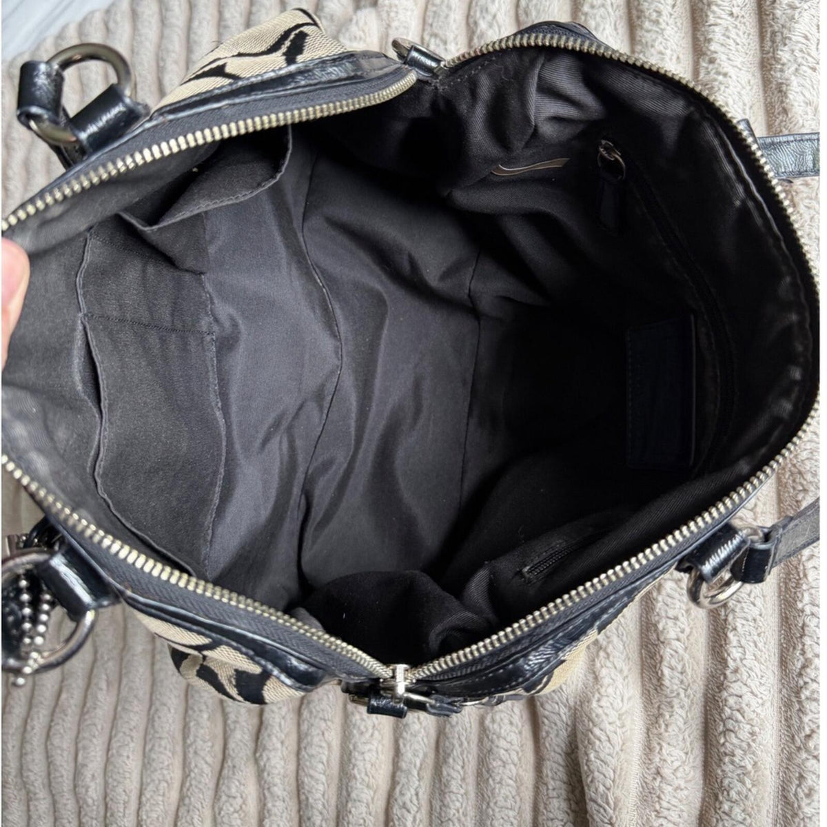Coach Signature Stripe Satchel Bag Black Khaki Canvas Patent Leather F25526