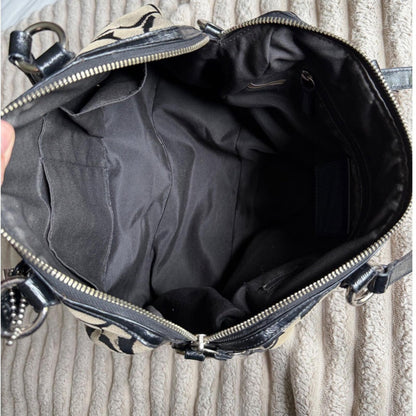 Coach Signature Stripe Satchel Bag Black Khaki Canvas Patent Leather F25526