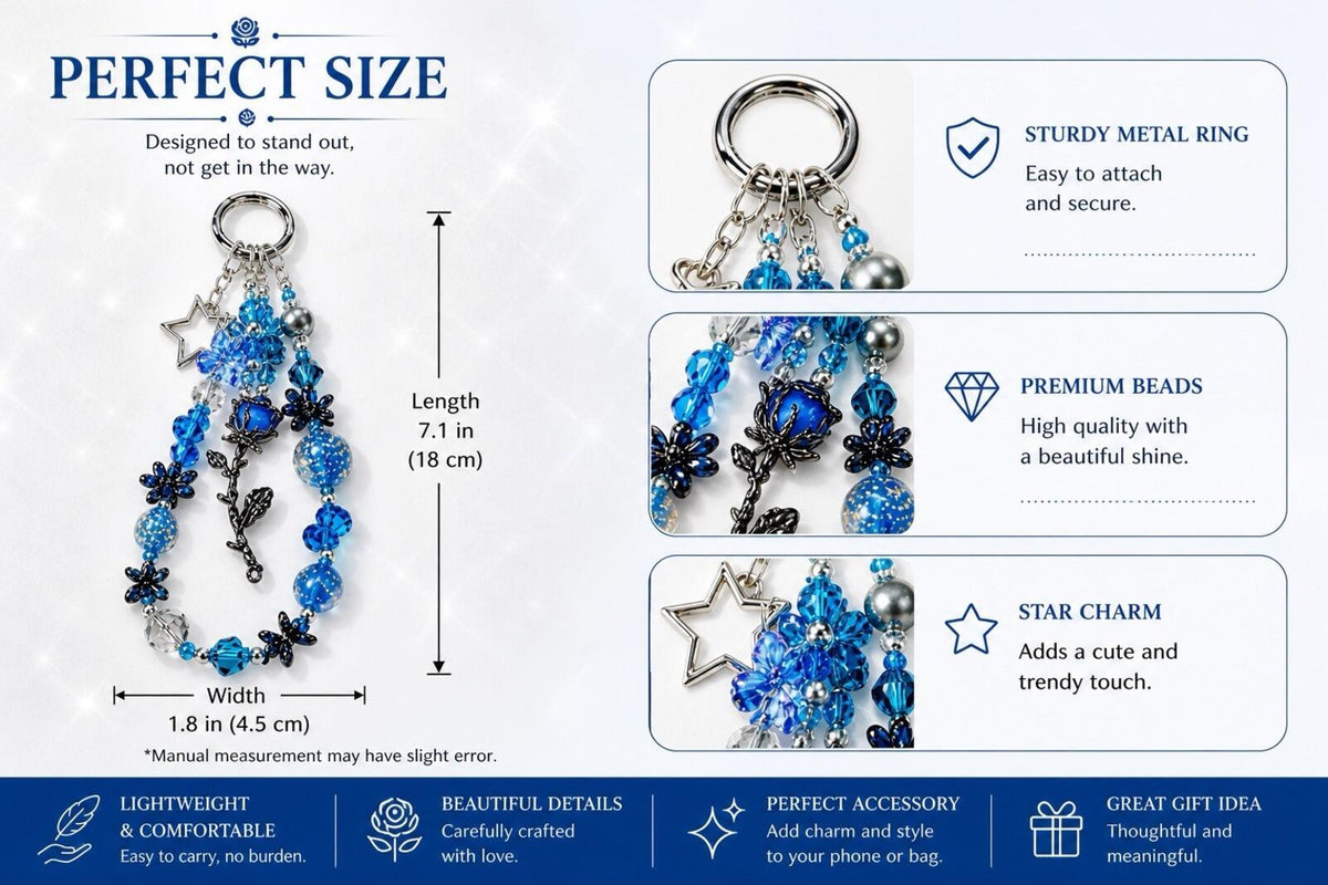Blue Rose Beaded Phone Charm Y2K Coquette Wristlet Strap