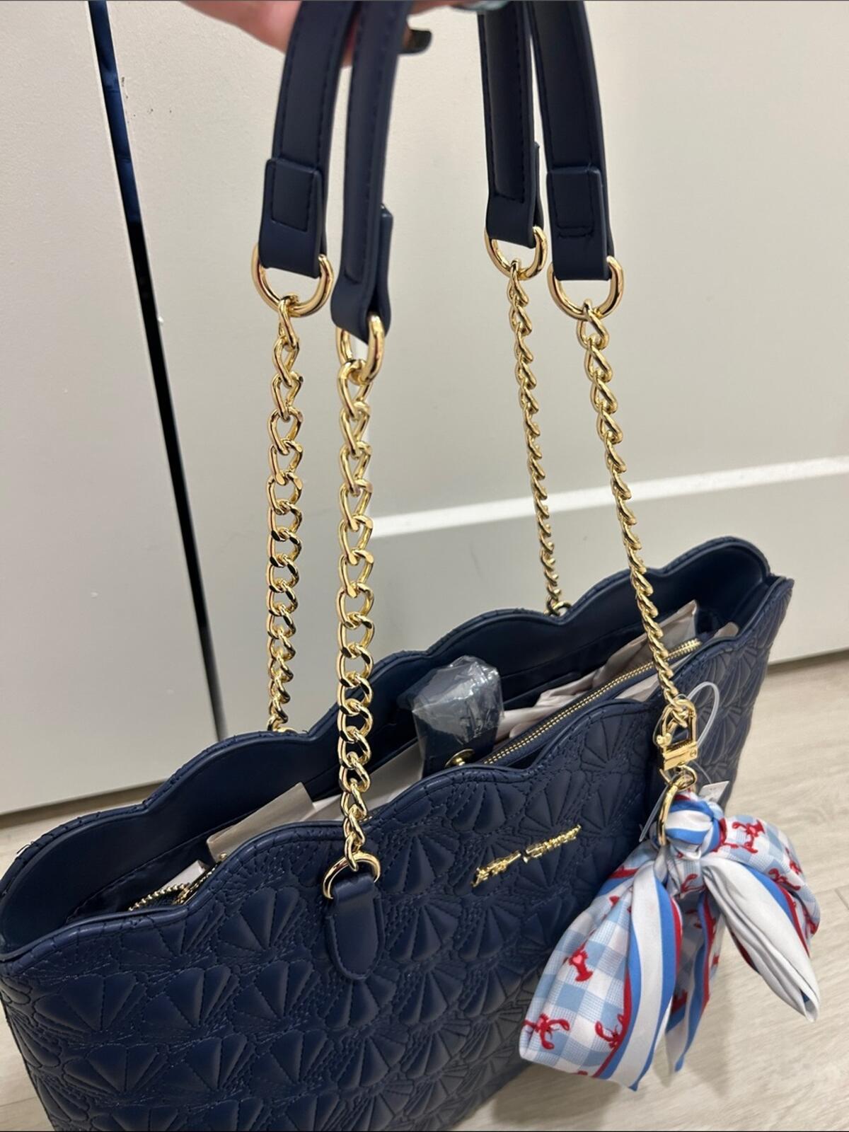 Betsey Johnson Navy Blue Quilted Shell "XOTOTE" Shoulder Bag w Scarf (NWT)
