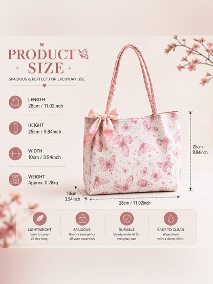 Pink Butterfly Print Lightweight Tote Bag with Zip Pocket - Feminine Everyday