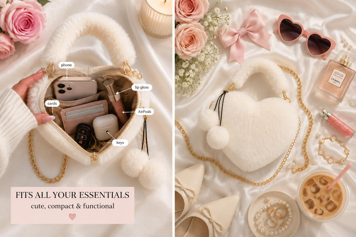 Coquette Heart-Shaped Faux Fur Plush Crossbody Bag with Pom Pom Charms - Cream &