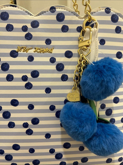 Betsey Johnson Blue Polka Dot and Stripe Scalloped Tote Bag with Pom Pom Charm