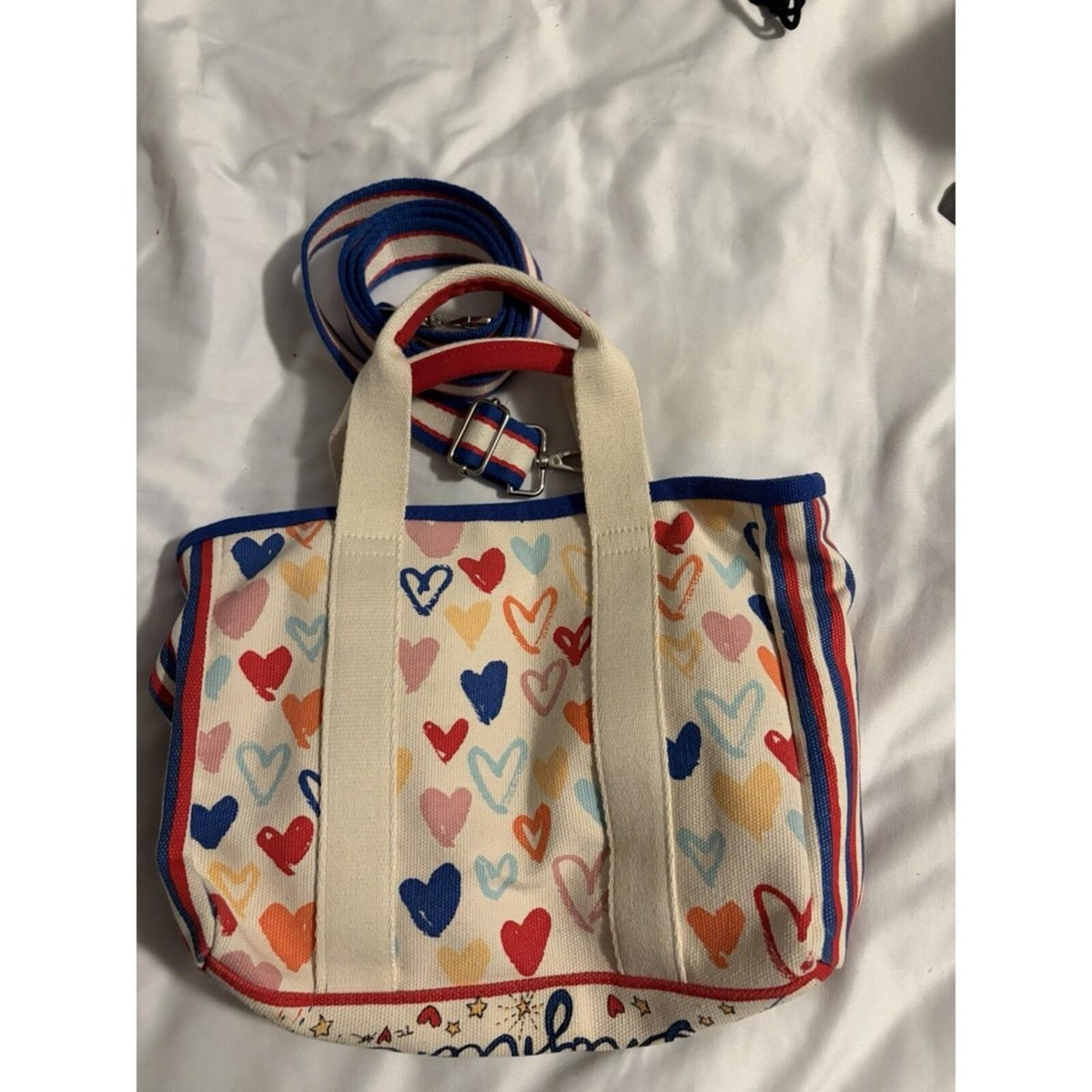 Brighton Love Heart Canvas Tote Bag Womens Small Ivory Red Blue