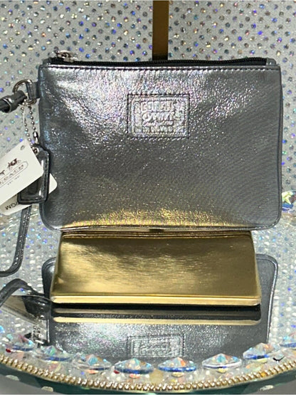 Coach Poppy Metallic Silver Wristlet Gold Accent NWT