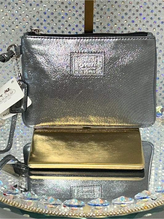 Coach Poppy Metallic Silver Wristlet Gold Accent NWT