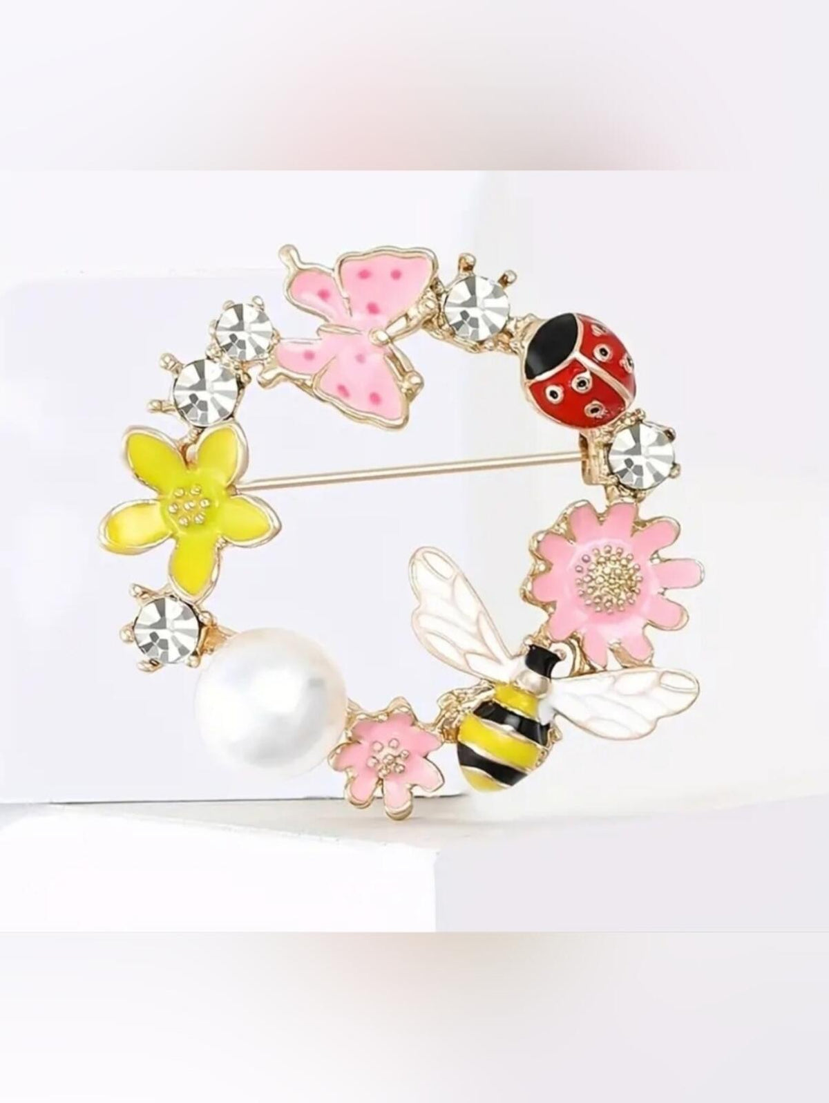 Wreath Floral Brooch with Bee, Ladybug, and Pearl