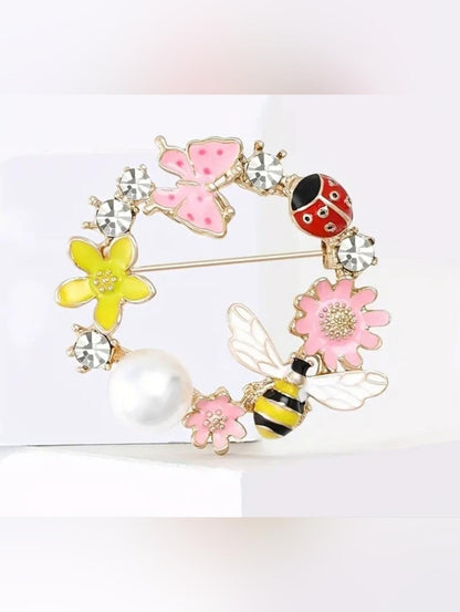 Wreath Floral Brooch with Bee, Ladybug, and Pearl