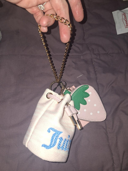 NWT Juicy Couture Exclusive Micro Canvas Bucket Bag Charm Set Strawberry