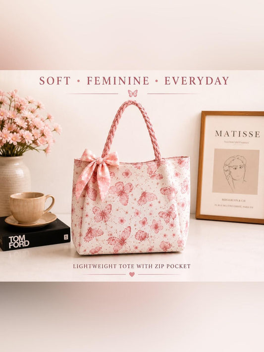 Pink Butterfly Print Lightweight Tote Bag with Zip Pocket - Feminine Everyday