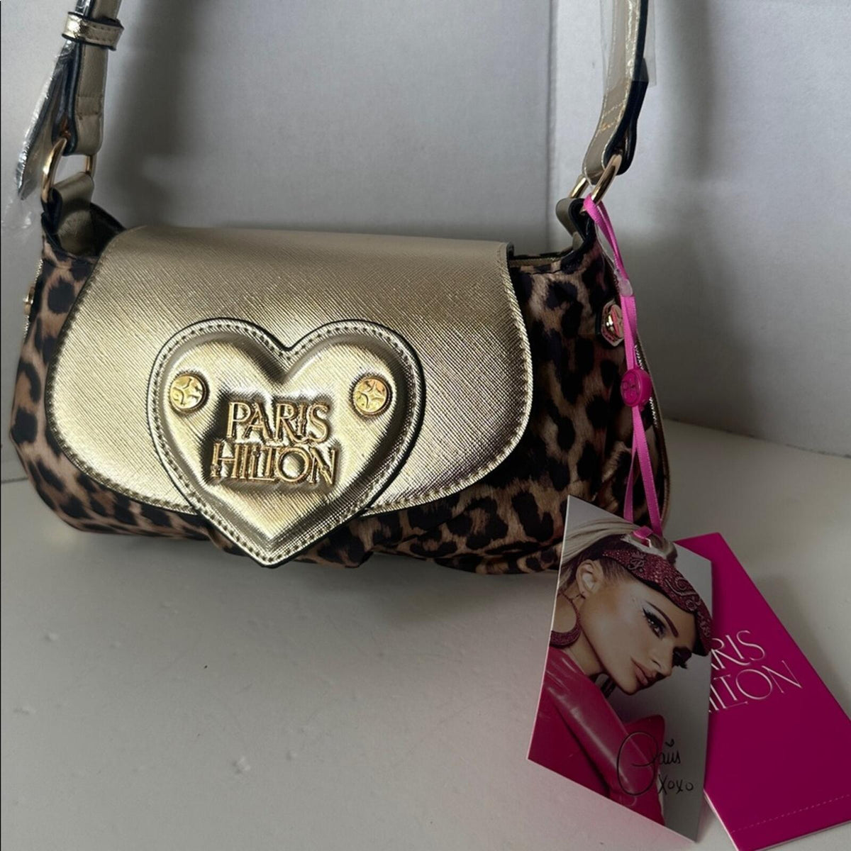 Paris Hilton New With Tags Leopard Print Gold Heart Baguette Shoulder Bag