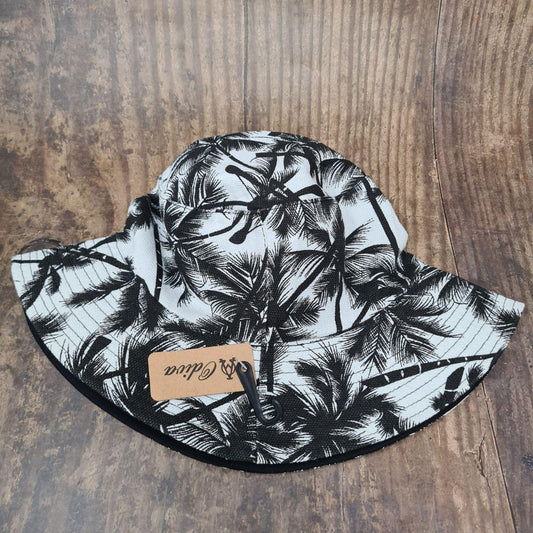 Eldra Reversible Black and White Palm Print Cotton Bucket Hat with Wired Brim