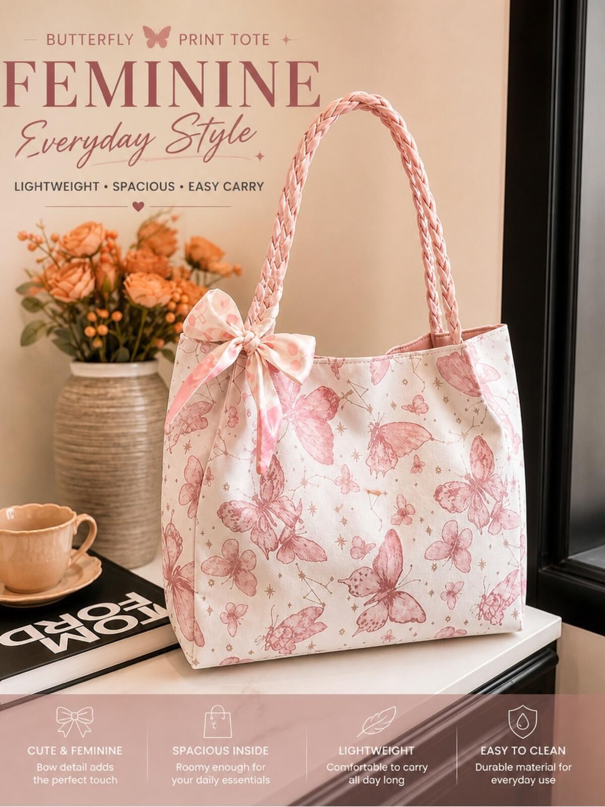 Pink Butterfly Print Lightweight Tote Bag with Zip Pocket - Feminine Everyday