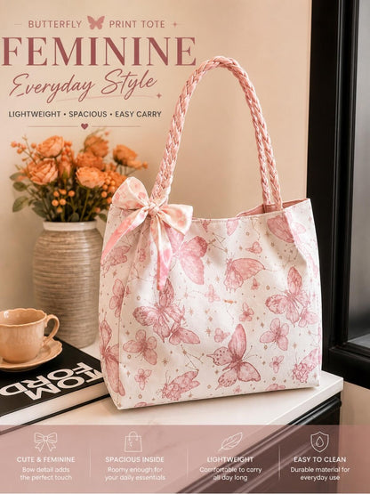 Pink Butterfly Print Lightweight Tote Bag with Zip Pocket - Feminine Everyday