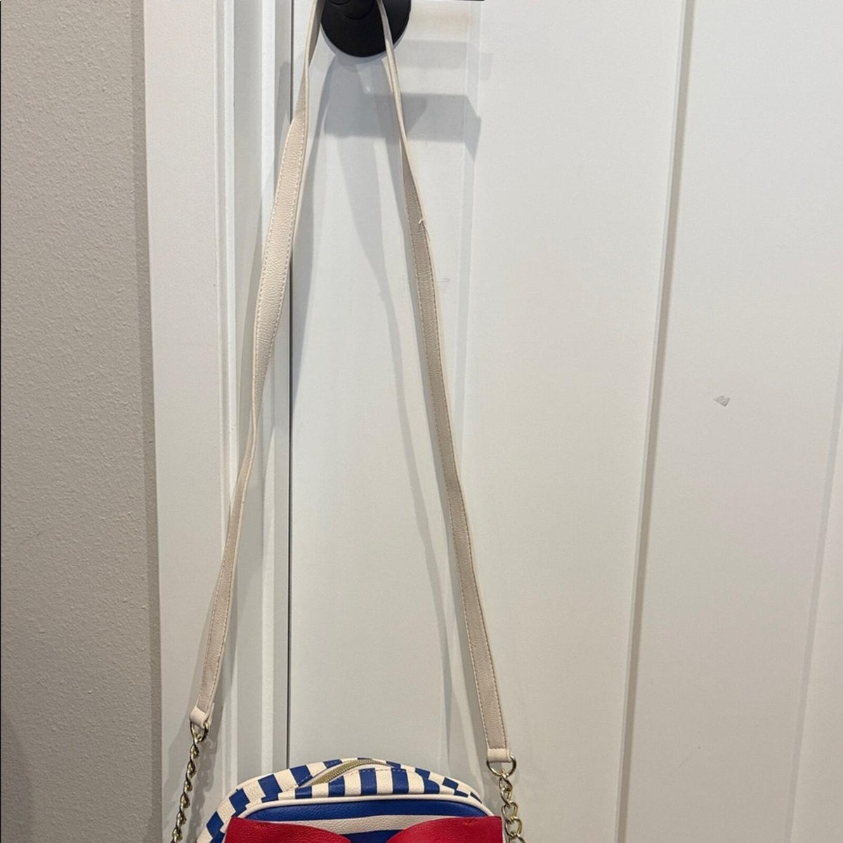 Betsey Johnson Striped Navy & White Crossbody Bag with Red Bow Accent purse