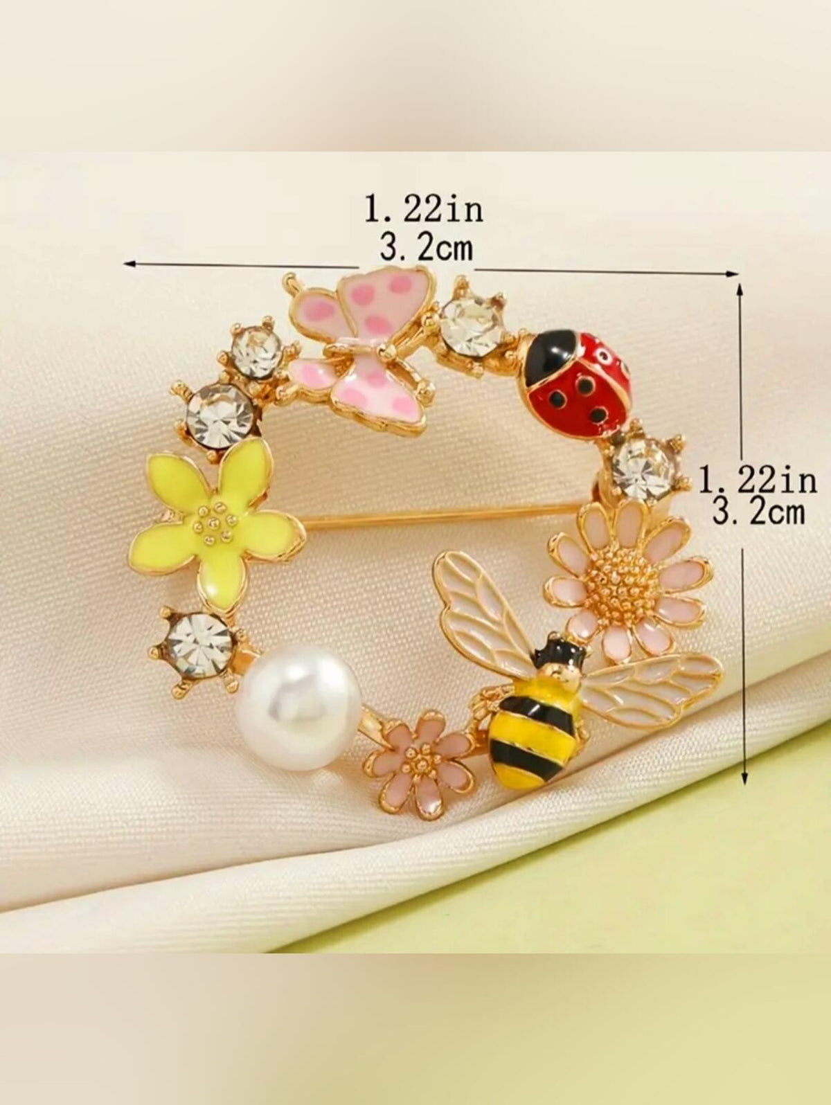 Wreath Floral Brooch with Bee, Ladybug, and Pearl