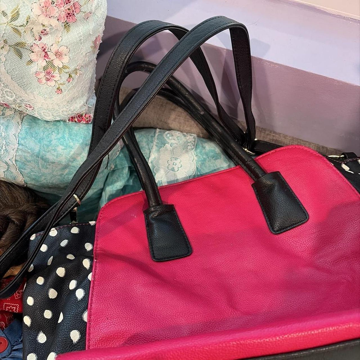 Betsey Johnson Black and Pink Bow Accent Polka Dot Handbag