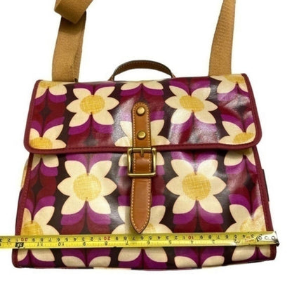Fossil Key-Per Floral Canvas Crossbody Satchel Leather Trim Retro