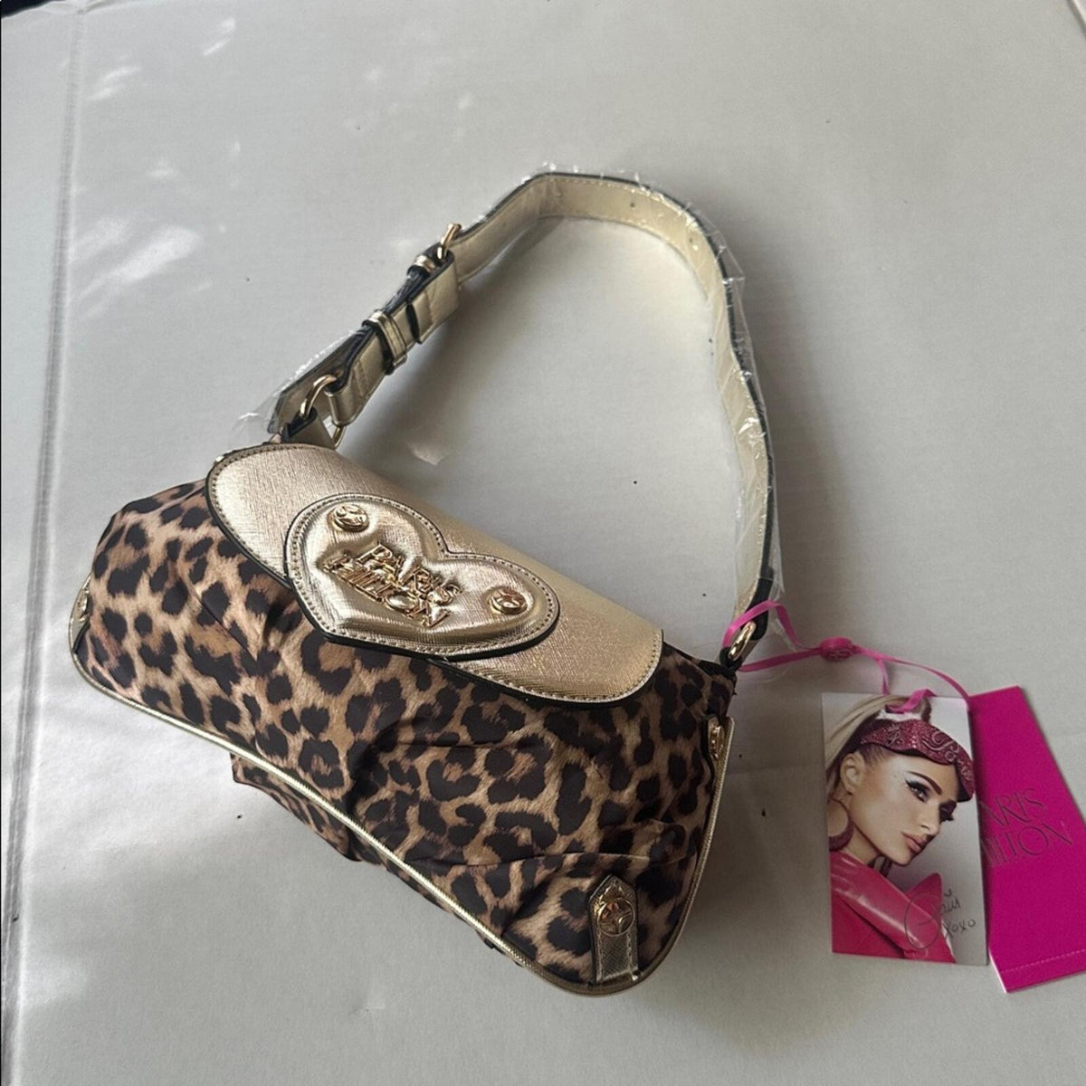 Paris Hilton New With Tags Leopard Print Gold Heart Baguette Shoulder Bag