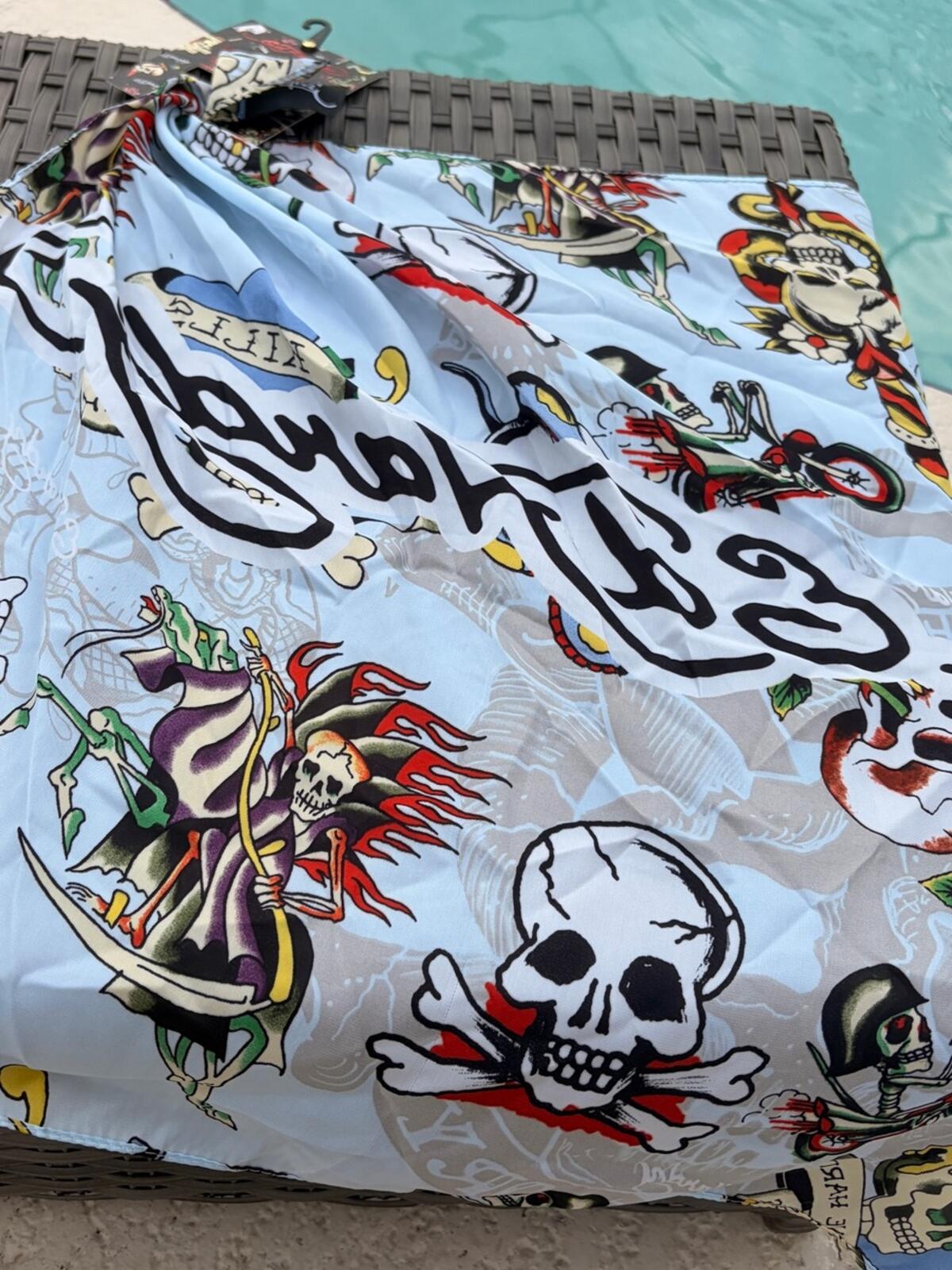 Ed Hardy Skull & Grim Reaper Graphic Scarf in Light Blue nwt