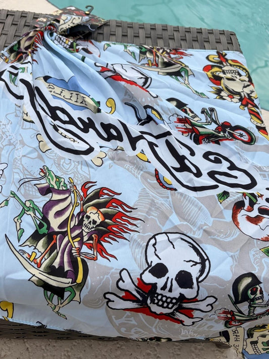 Ed Hardy Skull & Grim Reaper Graphic Scarf in Light Blue nwt