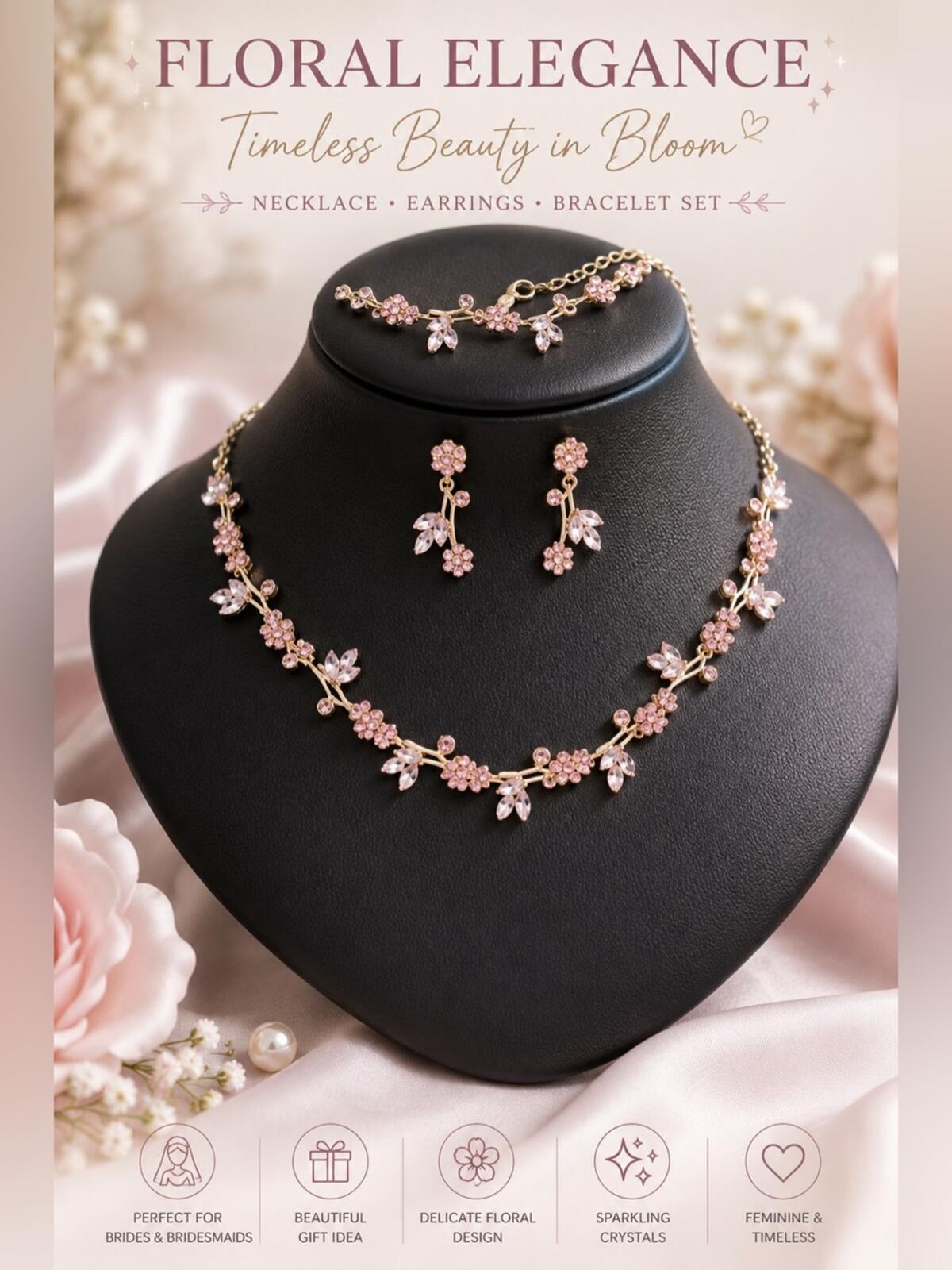 Pink Floral Crystal Jewelry Set | Necklace Bracelet Earrings | Coquette
