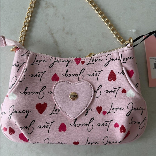 Juicy Couture Pink and Red Heart Print Mini Shoulder Bag with Gold Chain
