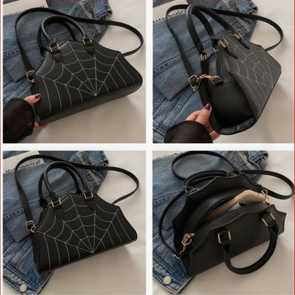 Black Spider Web Pattern Handbag with Detachable Strap - Casual Streetwear Purse