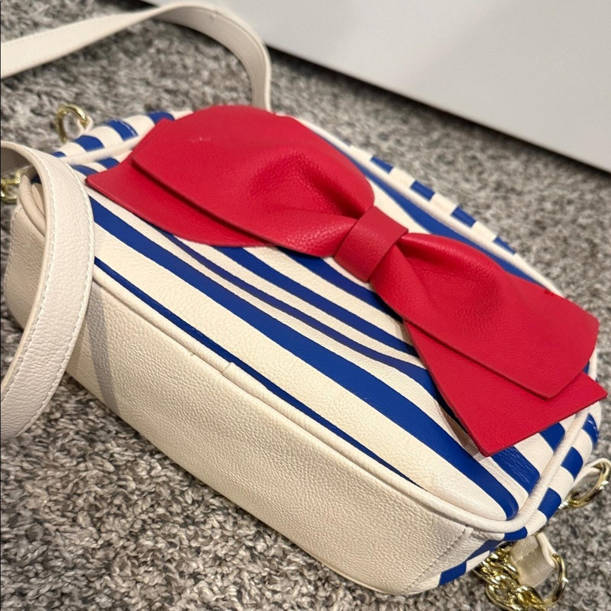 Betsey Johnson Striped Navy & White Crossbody Bag with Red Bow Accent purse