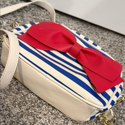 Betsey Johnson Striped Navy & White Crossbody Bag with Red Bow Accent purse