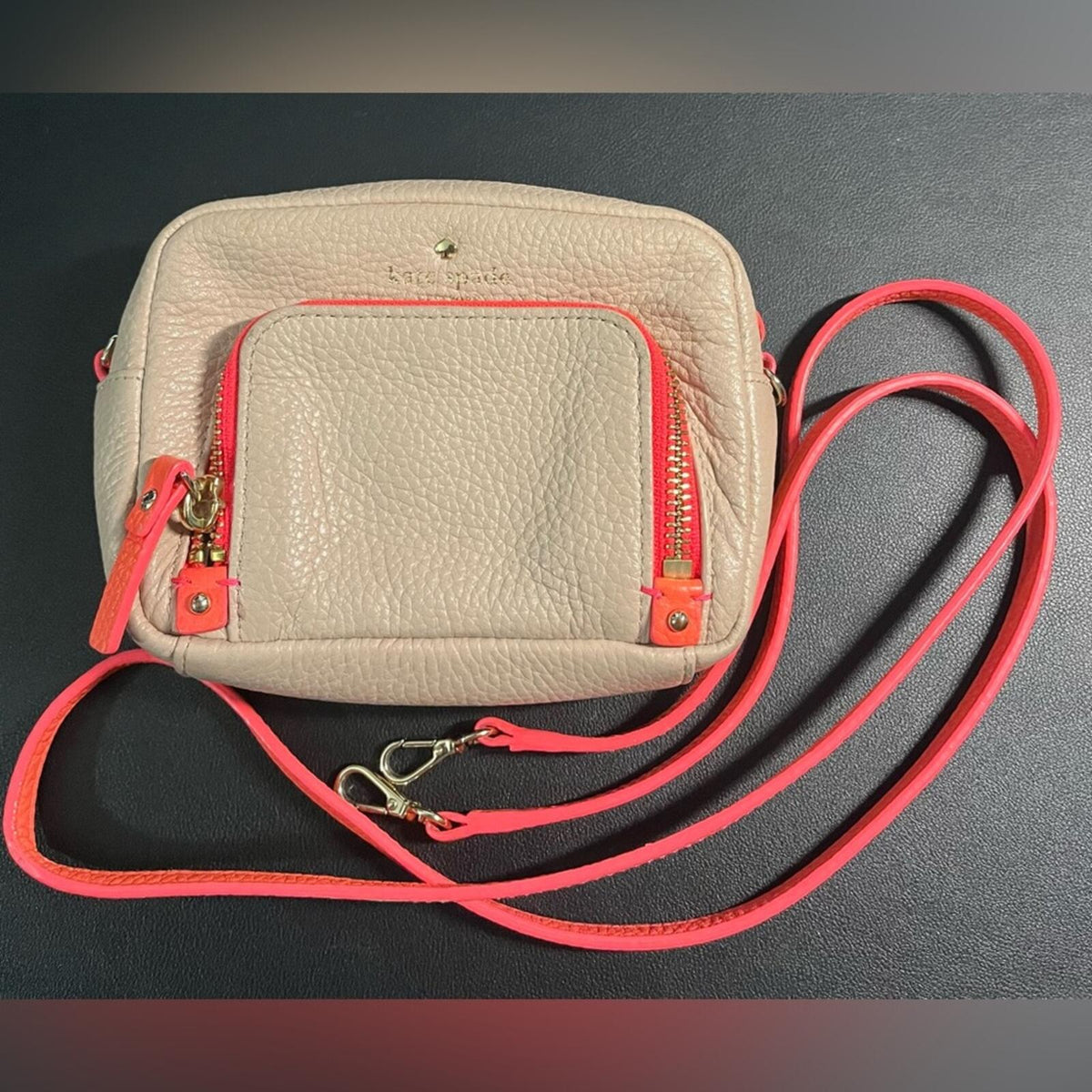 Kate Spade Fairmount Square Monday Taupe Coral Crossbody Bag Purse