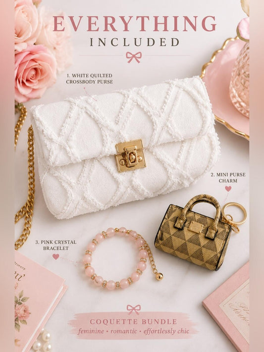 Coquette White Purse Bundle Crossbody Clutch Charm Bracelet NWOT