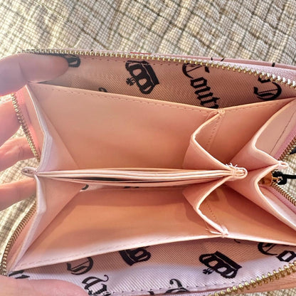 Exclusive Juicy Couture Pink Heart Print Zip Wallet with Gold Logo Charm