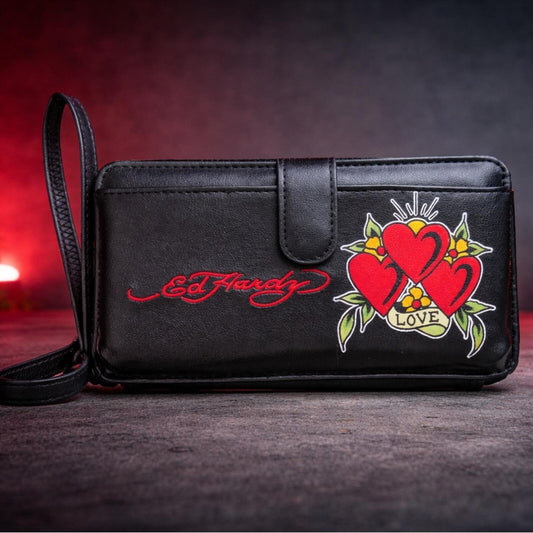 Ed Hardy Y2K Tattoo Heart Wristlet Wallet Black Red Rocker Clutch