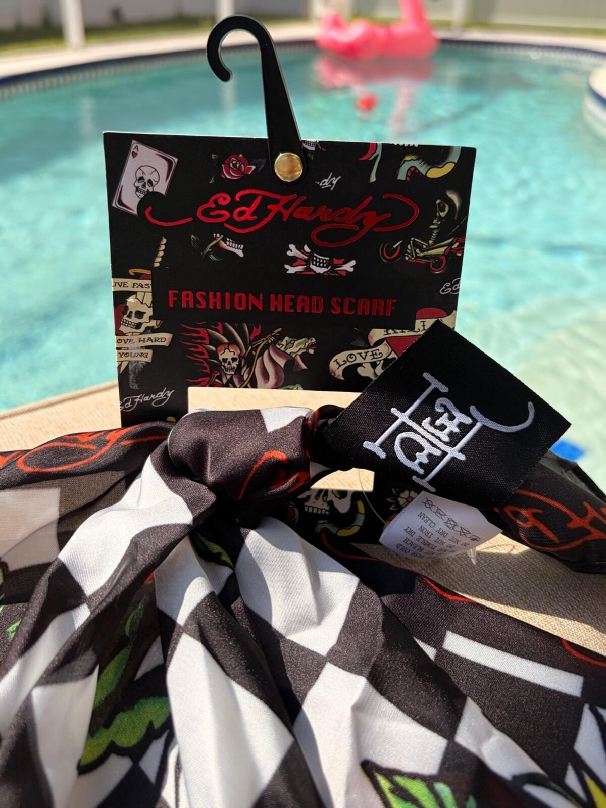 Ed Hardy Checkerboard Skull Rose Head Scarf NWT