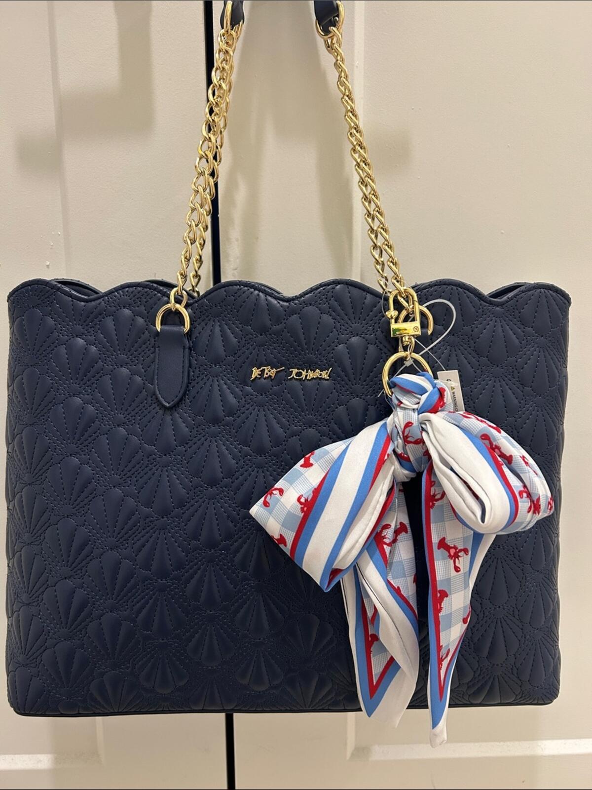 Betsey Johnson Navy Blue Quilted Shell "XOTOTE" Shoulder Bag w Scarf (NWT)