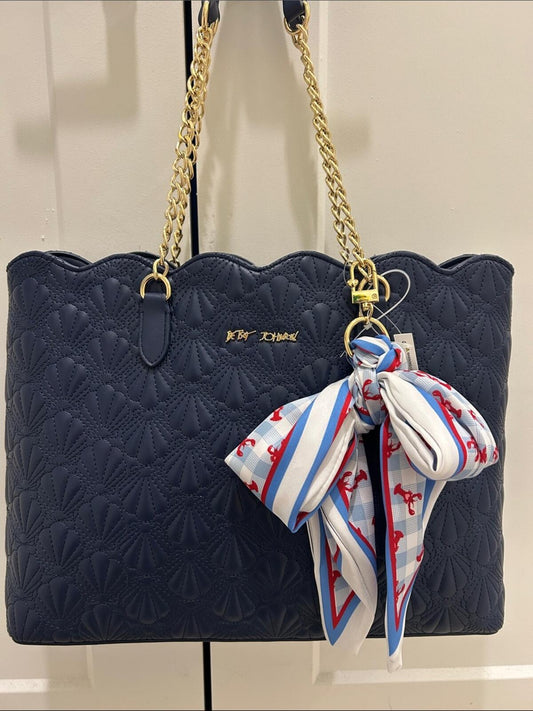 Betsey Johnson Navy Blue Quilted Shell "XOTOTE" Shoulder Bag w Scarf (NWT)