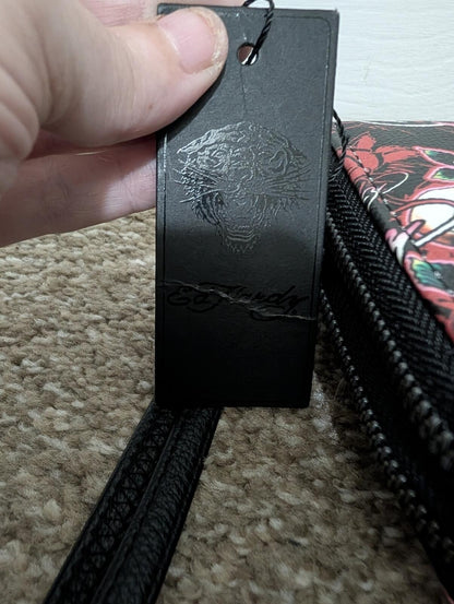 NWT Ed Hardy Black Wallet with Red Floral & Skull Print